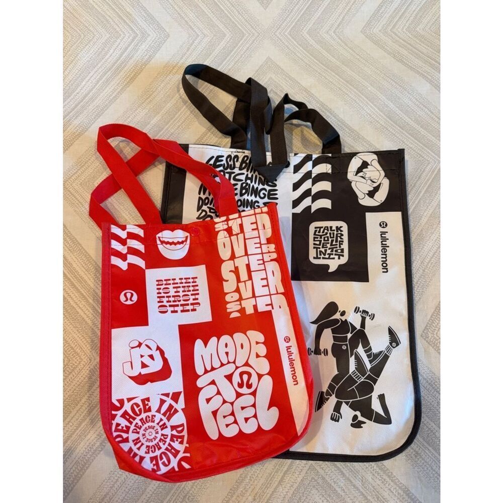 Lululemon Graphic Reusable Tote Bag Red & White Small Brown & White Medium (Set)